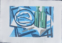Still-life with Fish and Bottles - color linocut print