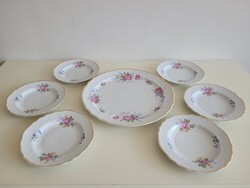 Hollóházi porcelán hajnalka mintás régi desszertes készlet 7 db süteményes tányér