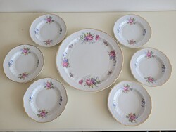 Hollóházi porcelán hajnalka mintás régi desszertes készlet 7 db süteményes tányér