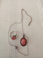 Régi ezüst foglalatú rodokrozit medál ezüst láncon és ezüst gyűrű
