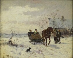 1U983 O Fedder: Téli tájkép lovasszánnal régi kisméretű olaj festmény