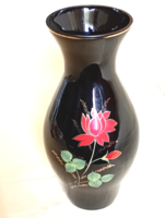 Üveg váza fekete üveg 1950- retro Hyalith Glass nagy 30x13cm kézzel festett