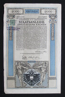Osztrák 6. hadikölcsön kötvény 2000 korona 1917 Bécs