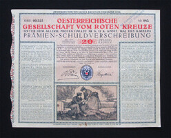 Osztrák Vöröskereszt Egylet nyeremény kötvény 20 korona 1916
