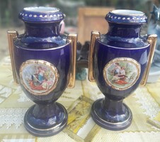 Art deco Hollóházi riolit kobaltkék gyönyörű zsáner jelenetes váza pár