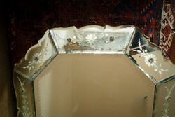 Csodálatos antik art deco szögletes fózolt metszett velencei csiszolt fali tükör