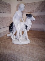 Fasold & Stauch porcelán nő/lány akt agár kutyával. 14,5 cm. Hibátlan. Jelzett
