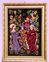 Vitange kézműves munka. Keretezett gobelin Németországból. Burgenlandi mulatozás