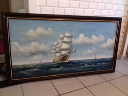 Nagyméretű festmény vászon kép tenger hajóval - aláírt
