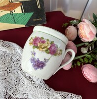 Gyönyörű virágos csupor porcelán findzsa nagymama kincse Ibolya rózsa mintás rózsás