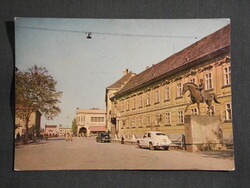 Képeslap,Székesfehérvár,Szabadság tér,tanácsháza,huszár emlékmű,autó látkép,részletek,1963-