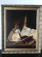 Blinczinger Béla 60x50cm. olaj vászon csendélet órával távcsővel
