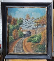 RÉGI VONATOS OLAJKÉP! Gőzmozdony -  Kucserka M. szignó, vasutas festmény