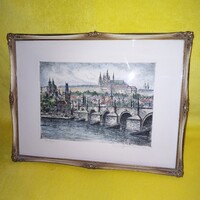 "Prag ". Szignózott, rézkarc, színes. Kép. Festmény.