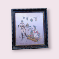 Japanese Silk Painting in Glazed Frame - Geisha + Soldier