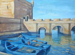 Halászbárkák a kikötőnél, Essaouira, Marokkó - olajfestmény