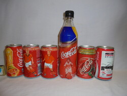 Set of five retro Coca-Cola cans and one bottle - soccer, Olympics