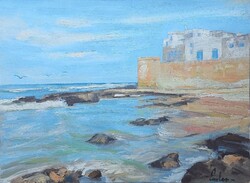 Az erőd és az óváros a part felől, Essaouira, Marokkó - olajfestmény