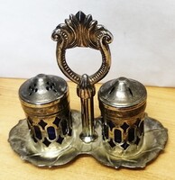 Antik ezüstműves ritkaság. Asztali ezüstözött só-bors szóró páros tartóval együtt