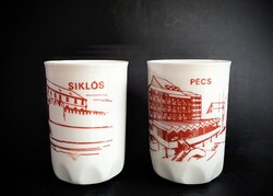 Zsolnay vitrin 2 db ritka Pécs és Siklós porcelán pohár fül nélküli bögre Szuvenír