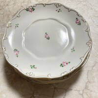 Hollóházi porcelán süteményes készlet 6 db kézzel festett aranyozott szélű rózsaminta vitrin állapot