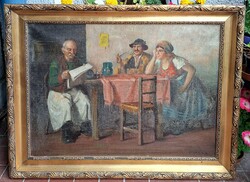 Horváth G. Andor olaj-vászon életkép - Beszélgető társaság, Újságot olvasó úriember, Pipázás