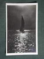 Képeslap,Balaton,naplemente,vitorlás hajó látkép,részlet,1953-