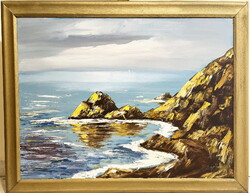 BÁNKUTI GERTRÚD (1948 - ) :Tengerpart vitorlással,60 x 80 cm+keret,olaj-farost