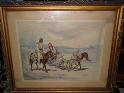 Benyovszky Utazók (1898-1969)  szin.rézkarc, 70x80 cm ü.alatt+fakeret