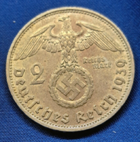 Horogkeresztes ezüst birodalmi 2 Márka 1939. D. (1219)