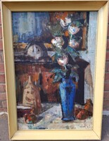 Vati József (1927-2017) Csendélet Kék Vázában,Képcsarnokos Festmény