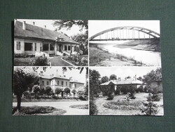 Képeslap,Tiszalök,mozaik,iskola,tanácsháza,híd,park látkép,részlet,1973-