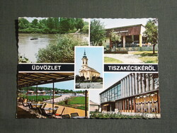 Képeslap,Tiszakécske,mozaik,templom,étterem,presszó,strand,mozi,művelődési ház látkép,részlet,1976-