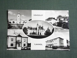 Képeslap,Tura,mozaik,Róm. kat. templom,BOTANIQ Turai Kastély,iskola látkép,részlet,1983-