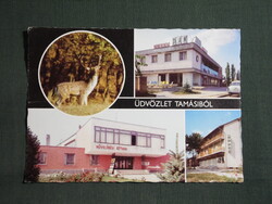 Képeslap,Tamási,mozaik,Dám hotel,művelődési ház,Gelka szerviz látkép,részlet,1976-