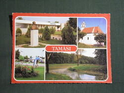 Képeslap,Tamási,mozaik,könyvtár,templom,strand,kemping látkép,részlet,1986-