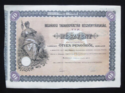 Belvárosi Takarékpénztár részvény 10x50 pengő 1926. december - II. kibocsátás