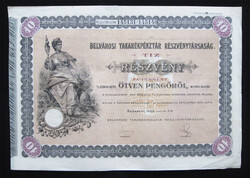Belvárosi Takarékpénztár részvény 10x50 pengő 1928. június - III. kibocsátás
