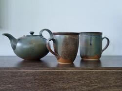 Vintage Art Ceramic Teapot Set: Pot + Two Large Filtered Mugs