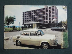 Képeslap,Tihany,Tihany szálló,hotel,étterem,parkoló,Skoda 100s autó látkép,részlet,1966-