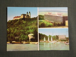 Képeslap,Tihany,mozaik,Bencés Apátság templom,vitorlás hajó,szálló,hotel látkép,részlet,1973-
