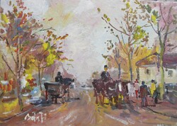 Bánfi - "Fiákerek..." - (olaj,karton 23×33 cm)
