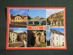 Képeslap,Tata,mozaik,Zsigmond vár,tó,zsinagóga,hotel,gimnázium látkép,részlet,1986-