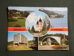 Képeslap,Tihany,mozaik,Bencés templom,Balaton part,szálló,posta látkép,részlet,1983-