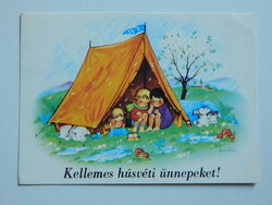 Képeslap: modern húsvéti üdvözlőlap 1986., esős sátorozás