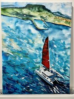 80x60cm katamarán festmény Balaton, vitorlázás Badacsony