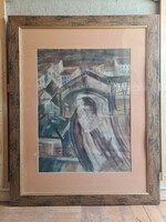 Déli vasút alagútba érkező mozdony nagyméretű pasztell kép újrakeretezve Schönberger-hangulat