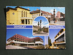 Képeslap,Sopron,mozaik,Beloiannisz tér,tűztorony,színház,hotel,szálló látkép,részlet,1986-
