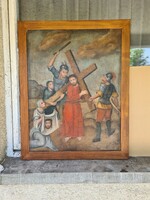 Stációk Veronika kendője templomi restaurált XVIII. XIX.századi antik olajfestmény