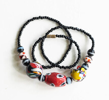 Vintage nyaklánc fekete üveg gyöngyökkel, retro gyöngysor, nyakék - tribal tread beads